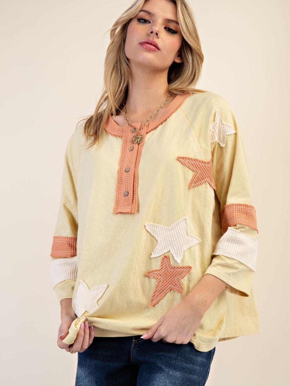 NEW EASEL STAR PATCH HENLEY TOP LIGHTWEIGHT PULLOVER 1/4 BUTTON SHIRT OVERSIZED - Picture 2 of 10